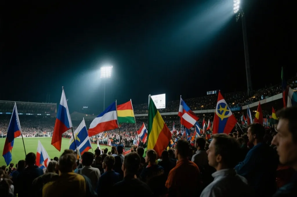扩军后的世界杯氛围：球迷、多国旗帜与大型体育场的热烈夜景